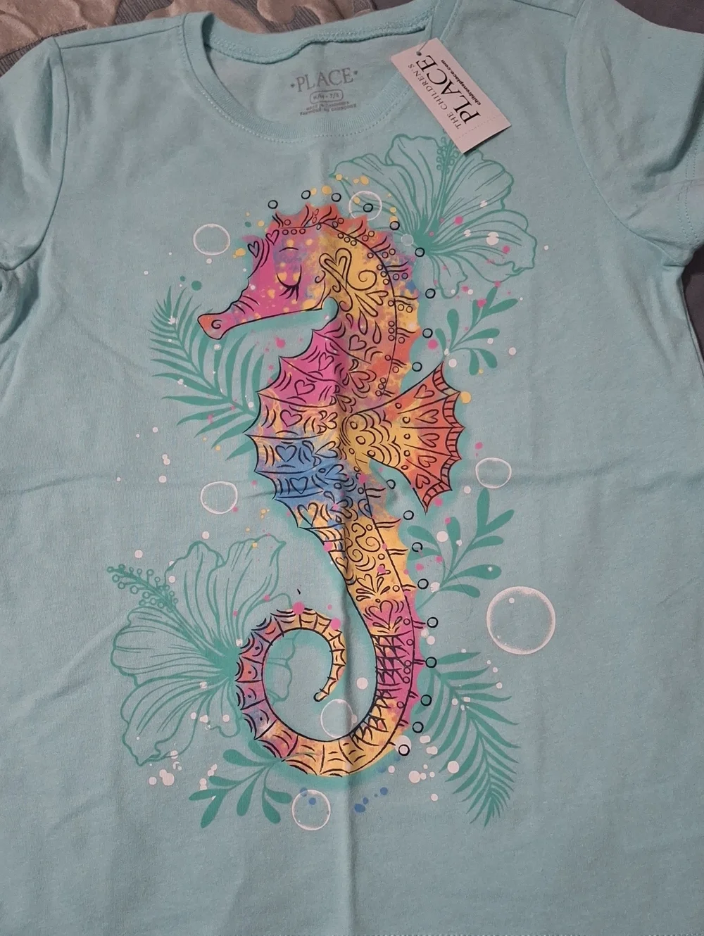 The Children's Place Aqua Tee with Rainbow Seahorse Graphic Girls Medium 7/8